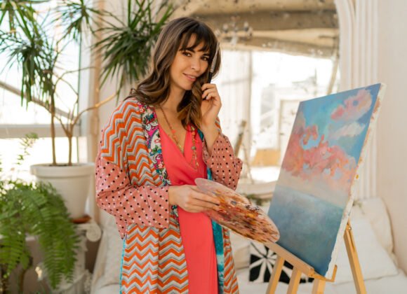 beautiful artist woman in bohemian outfit posing w utc