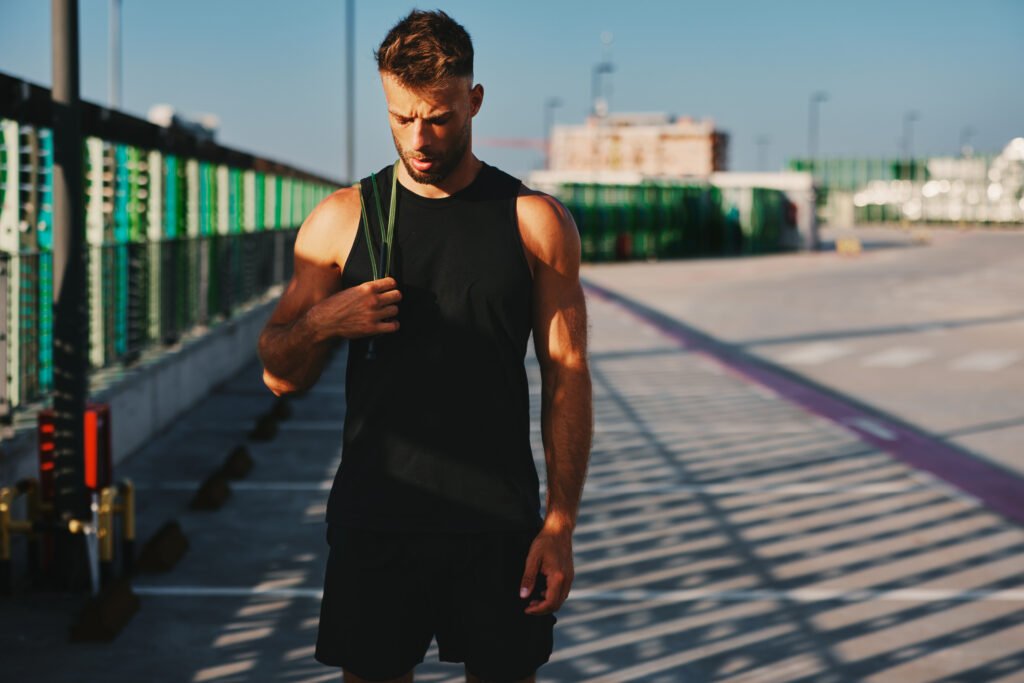 determined male athlete preparing for urban roofto utc