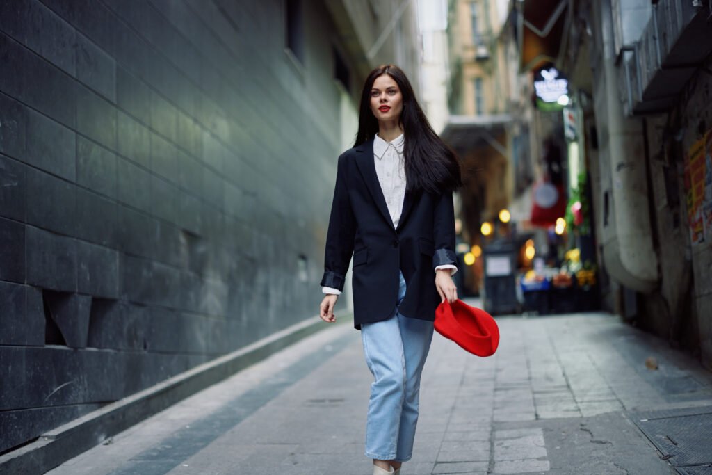 fashion woman tourist in stylish clothes in a jack utc