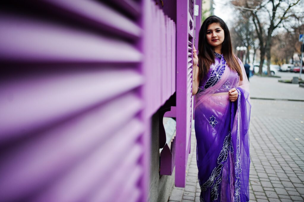 indian hindu girl at traditional violet saree utc