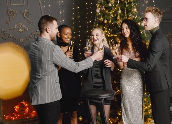 male and female friends in elegant dresses celebra utc