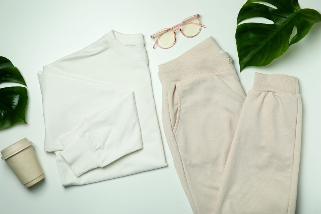 stylish female wear on white background top view utc