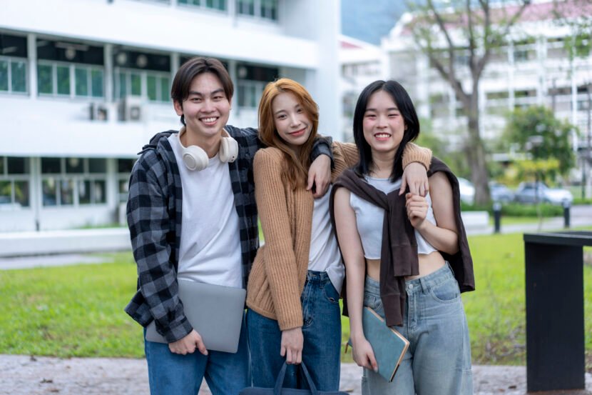 three young women are posing for a picture in fron utc