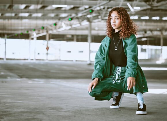 youth fashion and black woman with streetwear in utc
