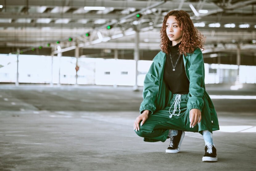 youth fashion and black woman with streetwear in utc